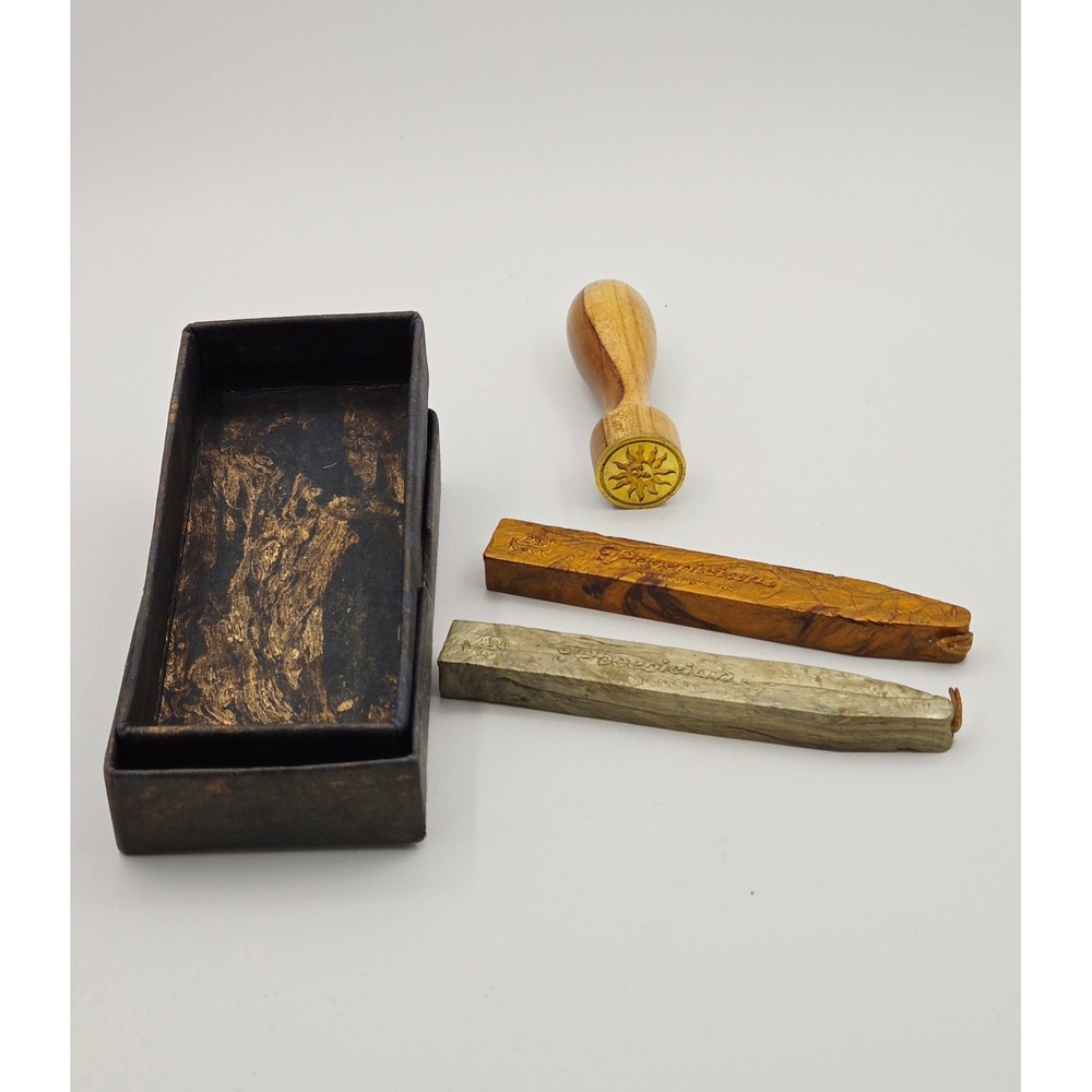 Phoenician International Wax Seal Kit Sunburst Brass Stamp Gold Silver Wax Box